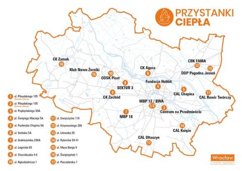 mapa Wrocławia z punktami ciepła