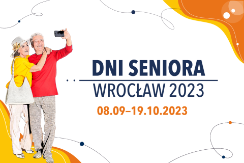 Banner promujący wydarzenie pt. Dni Seniora 2023. Przedstawia w formie graficznej parę obejmujących się seniorów. 