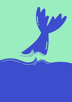 Grafika przedsrtawia wieloryba nurkującego w wodzie. Prmocja spektaklu Firlej Dzieciom opowieść o kobiecie foce