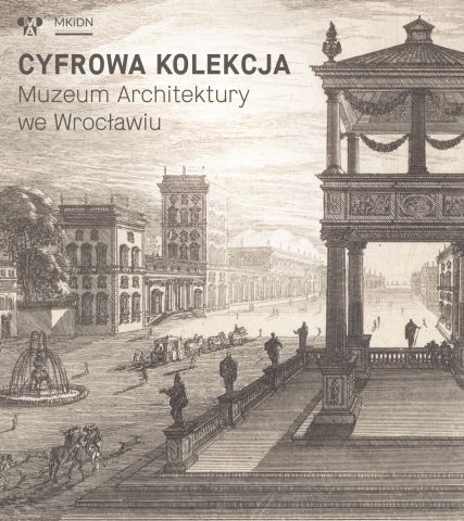 Napis Cyfrowa kolekcja na czarnobiałym szkicu przedstrawiającym architekturę XX wieku bedąca cześcią kolekcji Muzeum Architektury we Wrocławiu.
