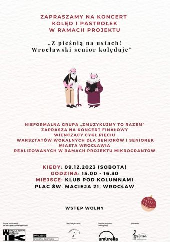 Plakat zapowiadający koncert kolęd i pastorałek Z pieśnią na ustach! Wrocławski Senior kolęduje.