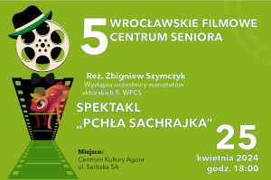 Grafika zapowiadająca spektakl "Pchła Szachrajka" Zielone tło, filmowy motyw graficzny.