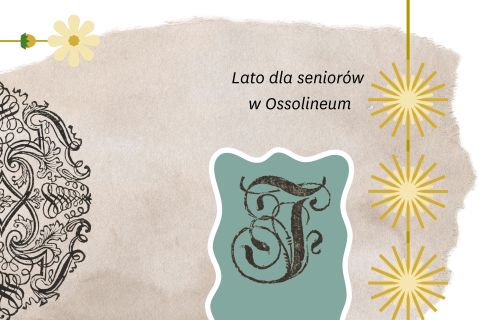 Grafika w kolorze beżowym z elementem zielonej grafiki oraz czarnym napisem Lato dla Seniorów.