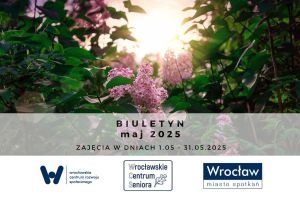 Grafika z kwiatami zapowiadająca biuletyn na maj 2025. 
